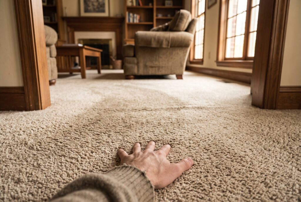 Cozy Chapel Hill family room interior featuring traditional decor, soft afternoon light, and beige carpeting