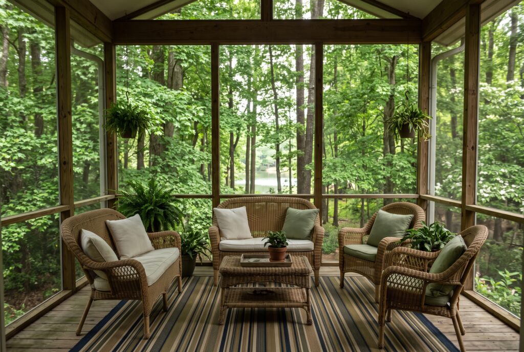 a screened porch in a wooded Chapel Hill backyard in late spring