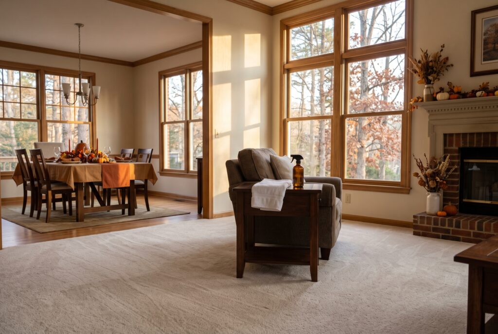 Warm Chapel Hill living room interior featuring tall sunlit windows, a clean light beige carpet, and a dining table set for Thanksgiving